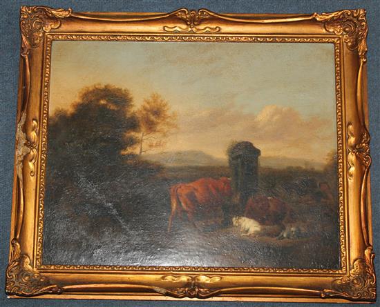 Manner of Paulus Potter Cattle and goats with a shepherd boy beside a spring, 13 x 16in.